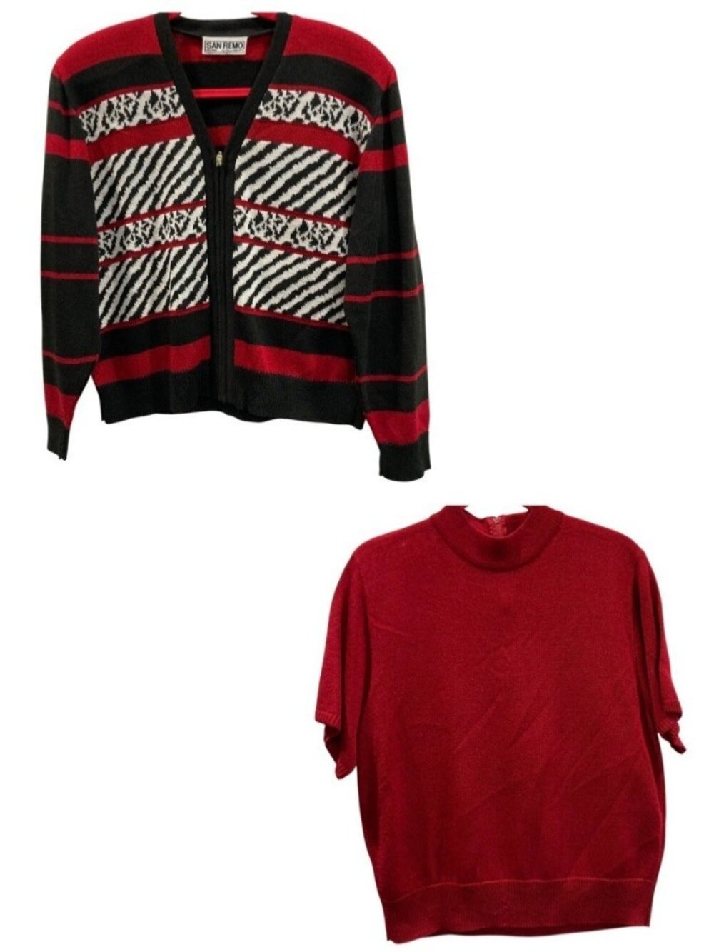 Vintage 80s San Remo Twin Sweater Set PM Red Black Retro Vibrant Holidays Office